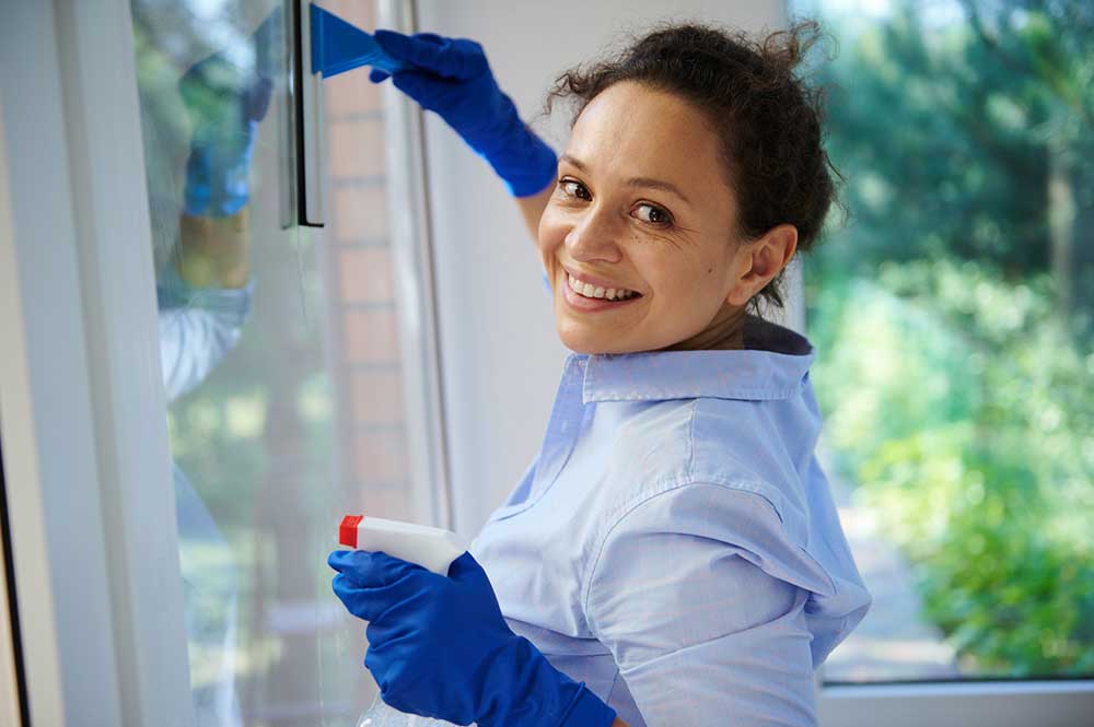 iStock-1419512195-web Woman using rag and sprayer for cleaning table with colleagues i